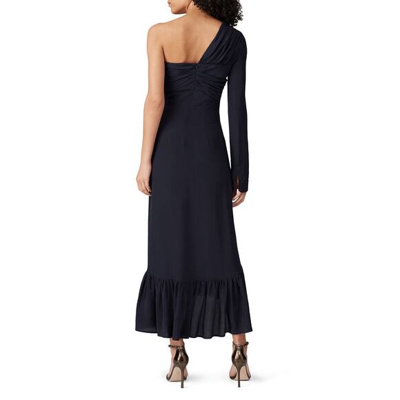 rokh One Shoulder Knot Dress Women's 38 Navy Blue Crepe Midi Ruffle RTR - Picture 2 of 11
